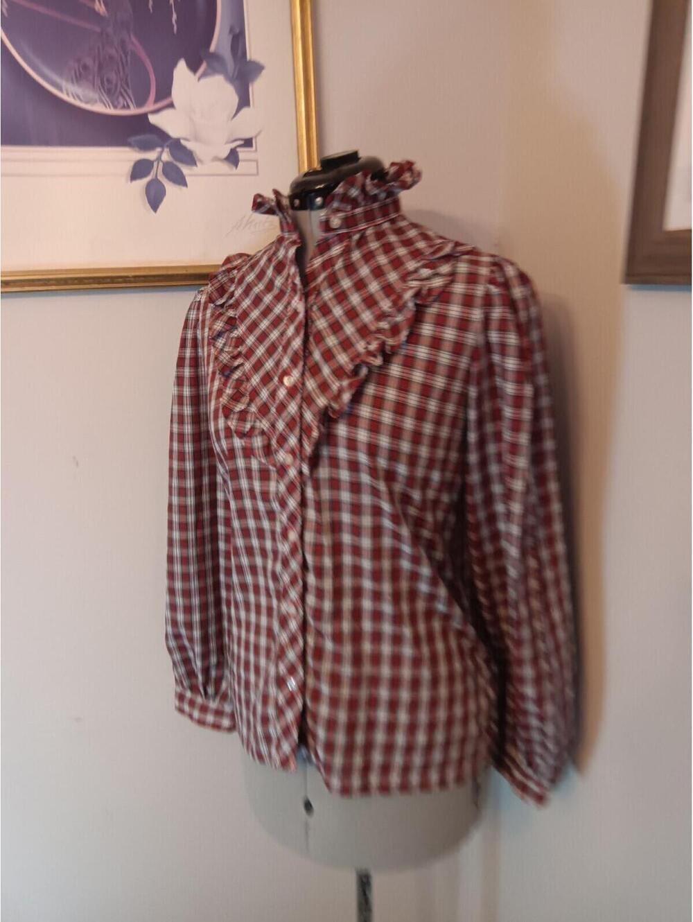 Vintage 60s 70s Ruffled Blouse, Retro Plaid Victorian Prairie Style Red & Green - Picture 2 of 5